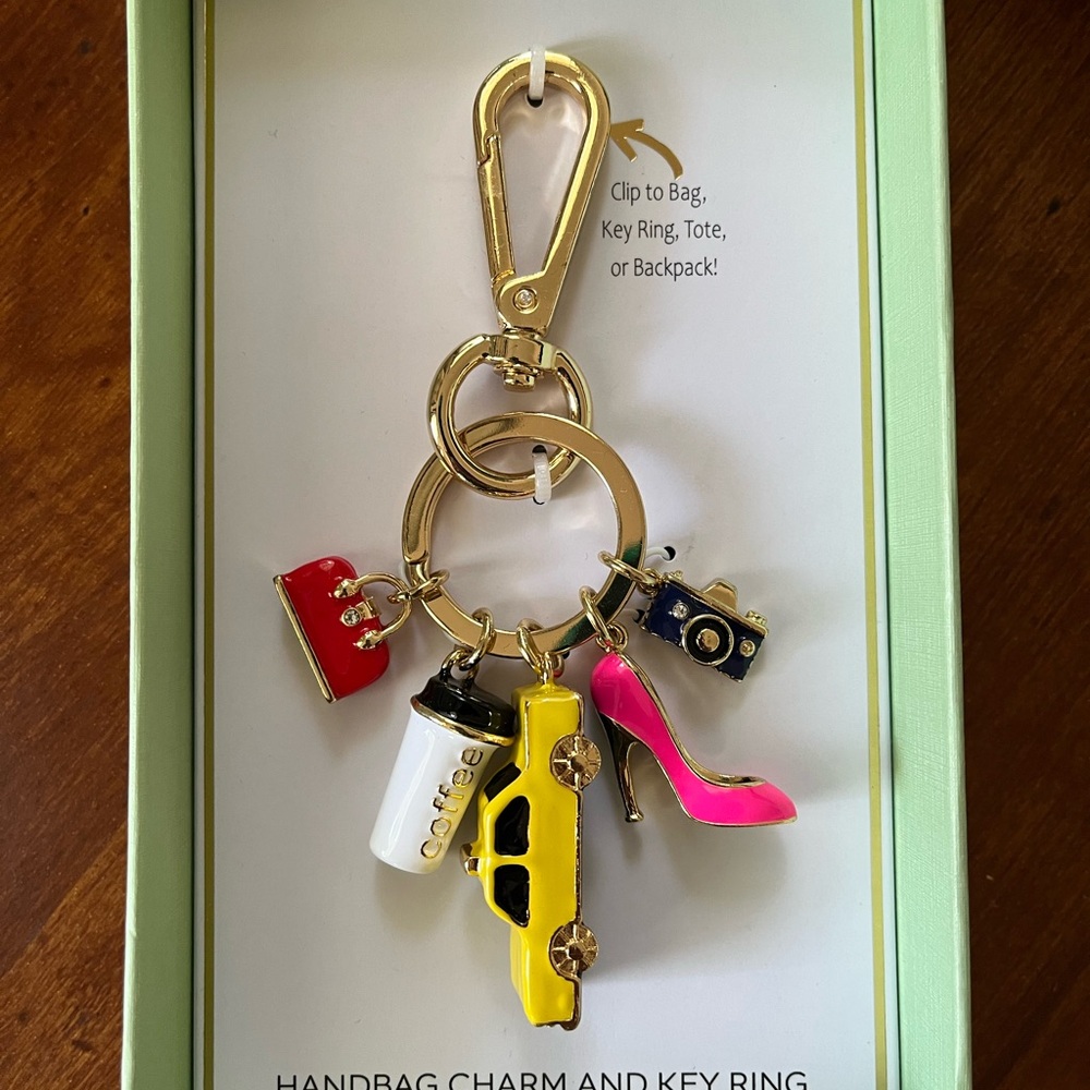 NEW True to Form Gold Bag Charm Key Ring with Yellow Taxi, Coffee Cup, Pink Shoe